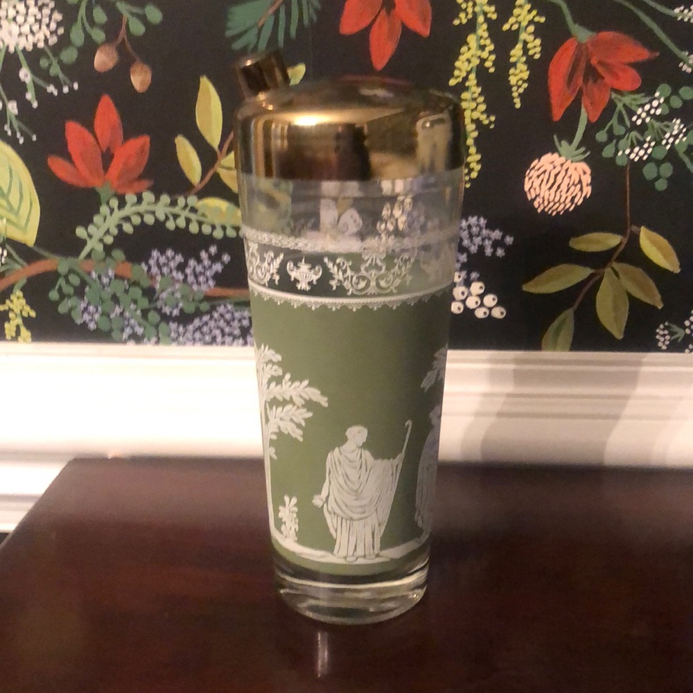 Vintage Sage Green & Gold Greek Scene Glass Cocktail Shaker